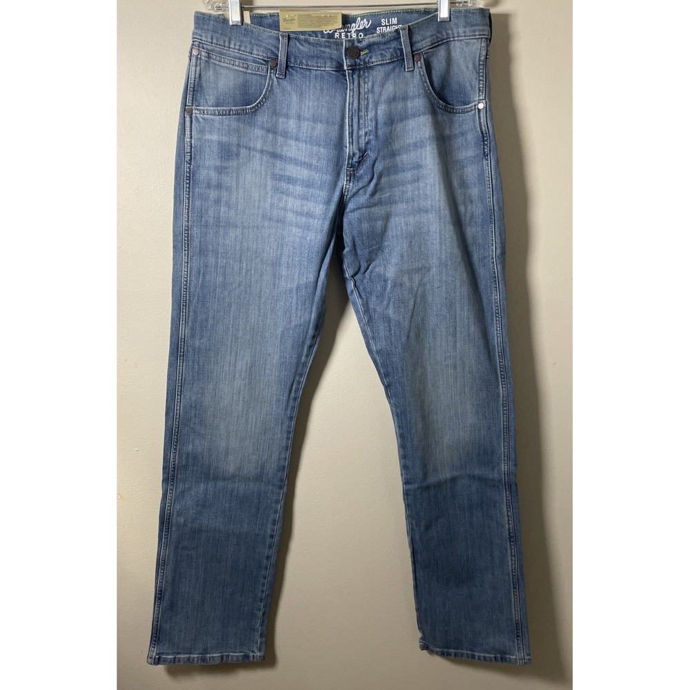 Wrangler Retro Men's Slim Straight Blue Denim Jeans Medium Wash Mid Rise 34x34
